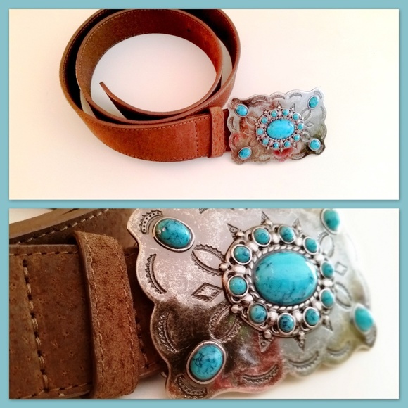 Accessories - Genuine Leather Belt With Turquoise-Studded Buckle